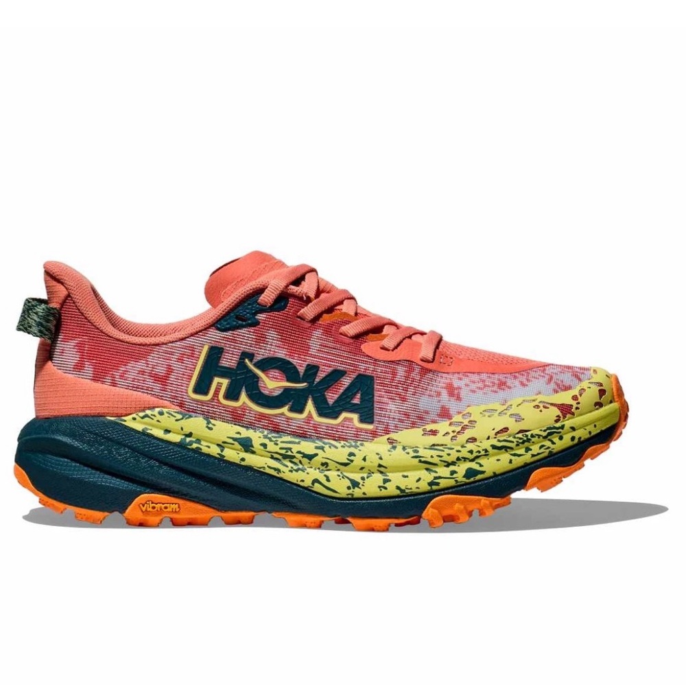 Hoka Women's Trail Runner in Coral and Yellow with Navy Accents